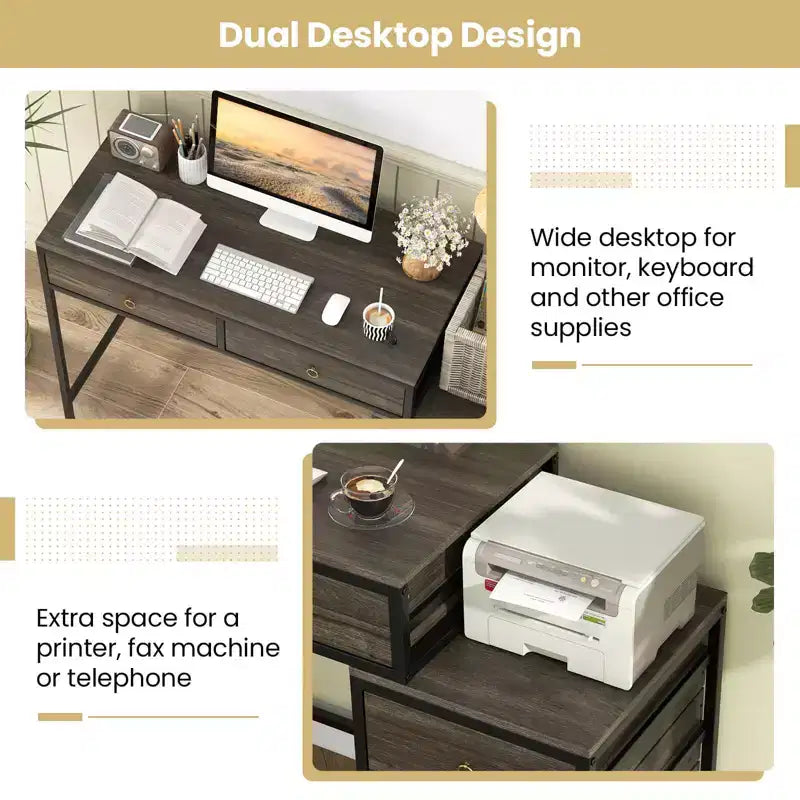 Costway Computer Desk with 5 Drawers, Side File Cabinet, Heavy-duty Metal Frame for Office Rustic Brown/Gray/White & Black