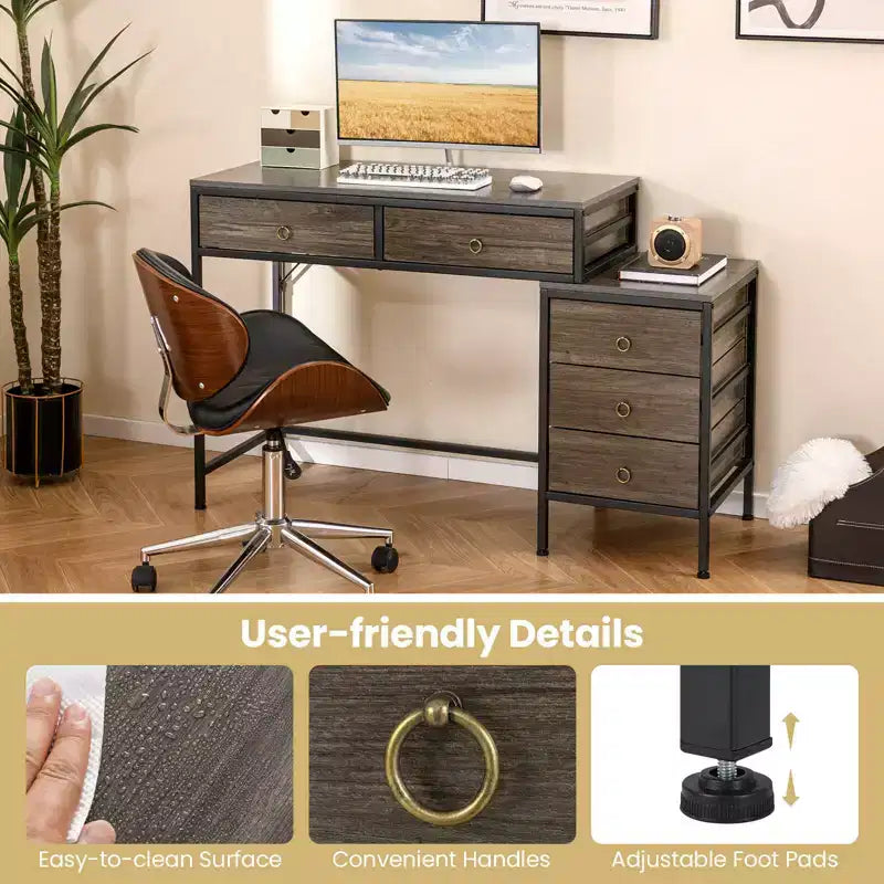 Costway Computer Desk with 5 Drawers, Side File Cabinet, Heavy-duty Metal Frame for Office Rustic Brown/Gray/White & Black