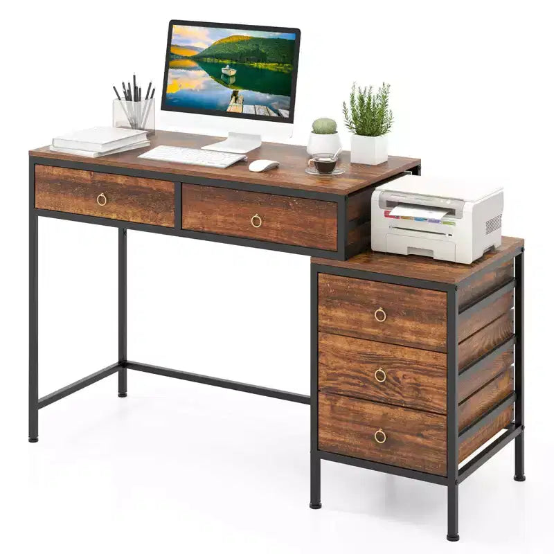 Costway Computer Desk with 5 Drawers, Side File Cabinet, Heavy-duty Metal Frame for Office Rustic Brown/Gray/White & Black