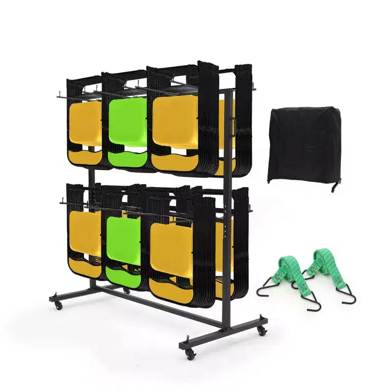 Folding Chair Storage Cart Heavy Duty, Holds 84 Chairs or 42 Chairs + 12 Tables, 360 Locking Wheels, Weatherproof Cover, Fixed Ropes