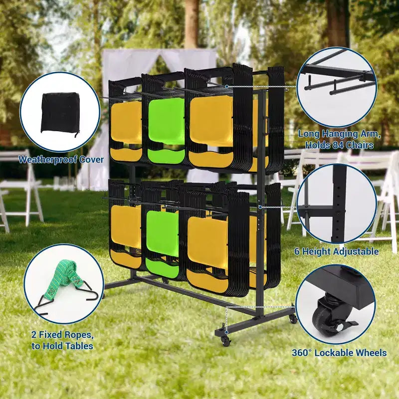 Folding Chair Storage Cart Heavy Duty, Holds 84 Chairs or 42 Chairs + 12 Tables, 360 Locking Wheels, Weatherproof Cover, Fixed Ropes
