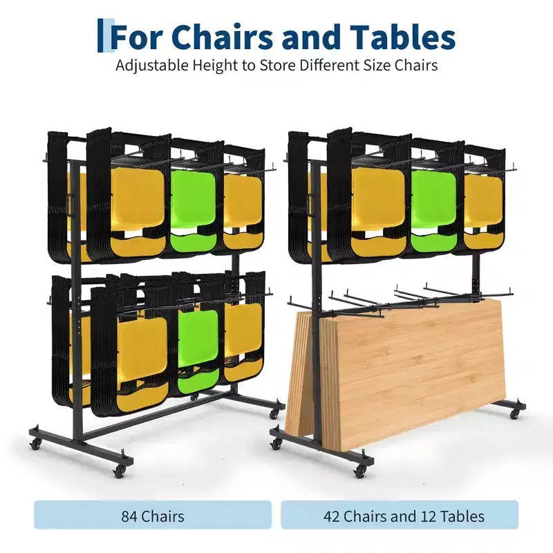Folding Chair Storage Cart Heavy Duty, Holds 84 Chairs or 42 Chairs + 12 Tables, 360 Locking Wheels, Weatherproof Cover, Fixed Ropes