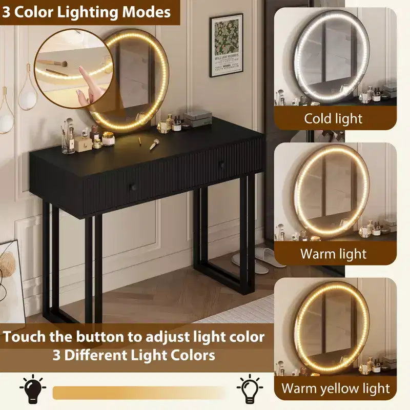 Vanity Desk with Mirror 3 Color Lights Plenty Storage Space Modern Design Quality Materials Construction Easy to Assemble