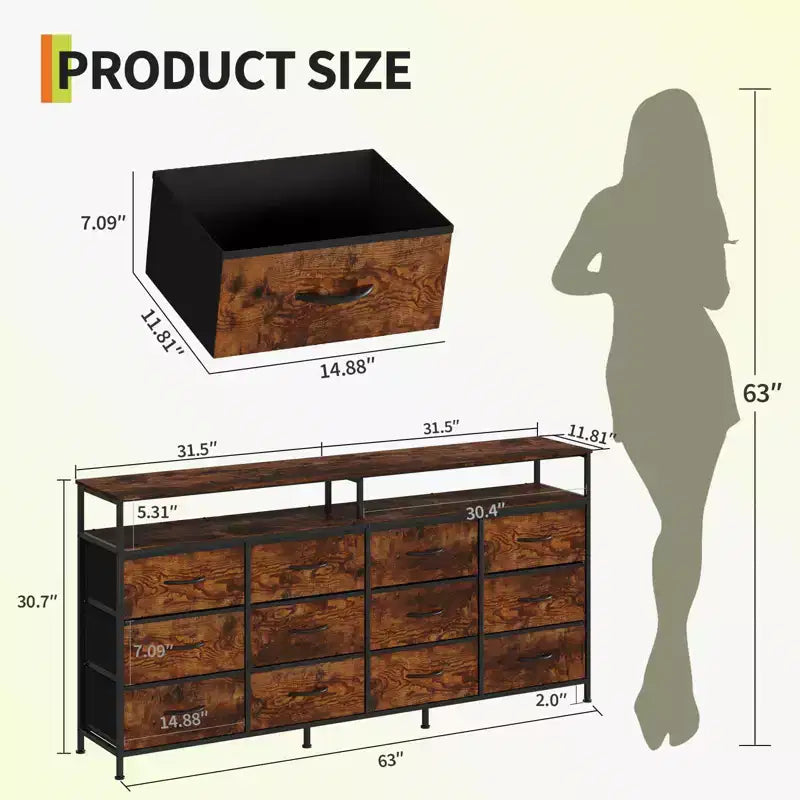 12 Drawers Fabric Dresser 63 Inch Long with Open Shelves TV Stand for Living Room Bedroom Chest of Drawers