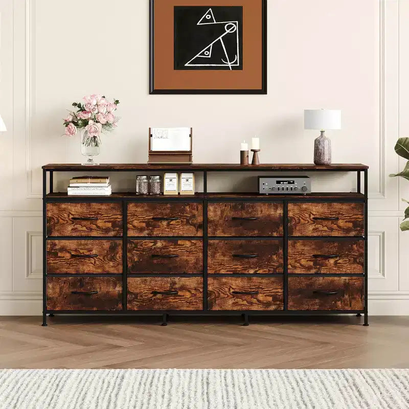 12 Drawers Fabric Dresser 63 Inch Long with Open Shelves TV Stand for Living Room Bedroom Chest of Drawers