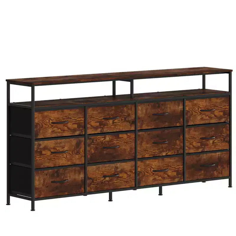 12 Drawers Fabric Dresser 63 Inch Long with Open Shelves TV Stand for Living Room Bedroom Chest of Drawers