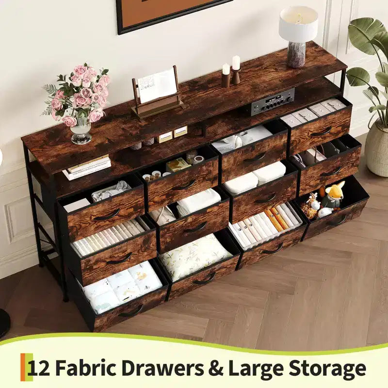 12 Drawers Fabric Dresser 63 Inch Long with Open Shelves TV Stand for Living Room Bedroom Chest of Drawers