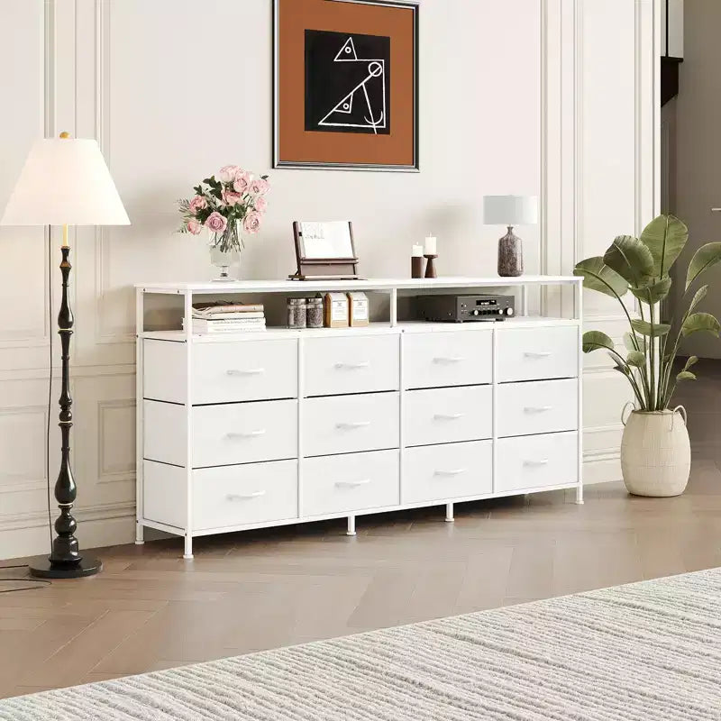 12 Drawers Fabric Dresser 63 Inch Long with Open Shelves TV Stand for Living Room Bedroom Chest of Drawers