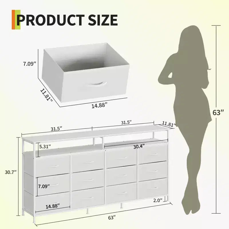 12 Drawers Fabric Dresser 63 Inch Long with Open Shelves TV Stand for Living Room Bedroom Chest of Drawers