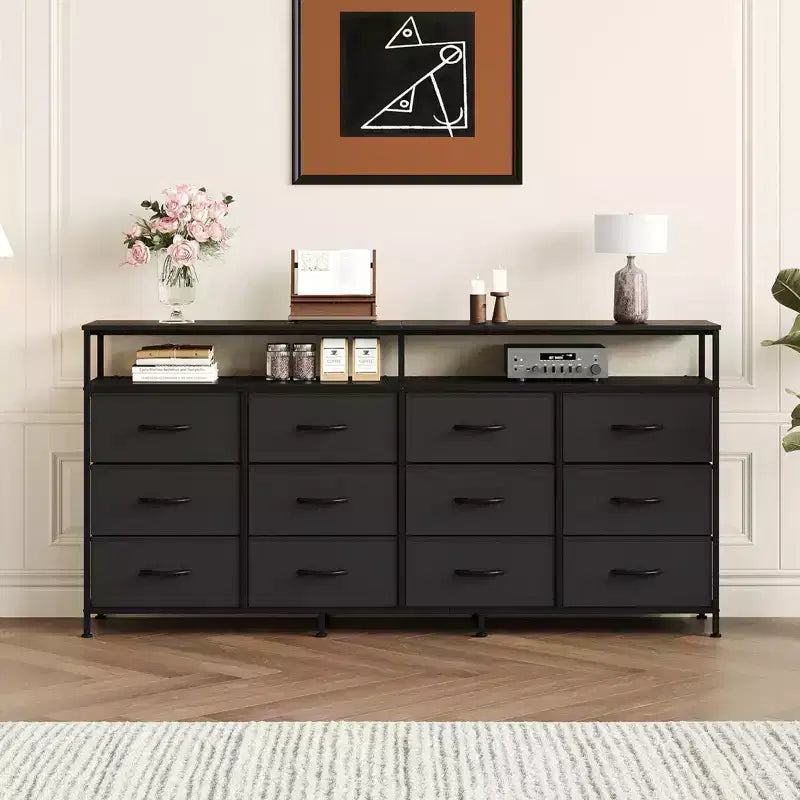 12 Drawers Fabric Dresser 63 Inch Long with Open Shelves TV Stand for Living Room Bedroom Chest of Drawers