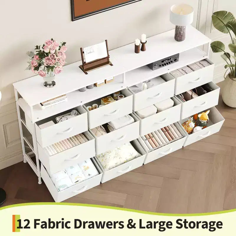 12 Drawers Fabric Dresser 63 Inch Long with Open Shelves TV Stand for Living Room Bedroom Chest of Drawers