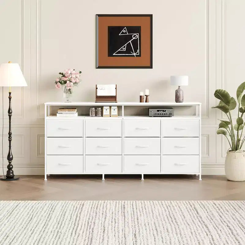 12 Drawers Fabric Dresser 63 Inch Long with Open Shelves TV Stand for Living Room Bedroom Chest of Drawers