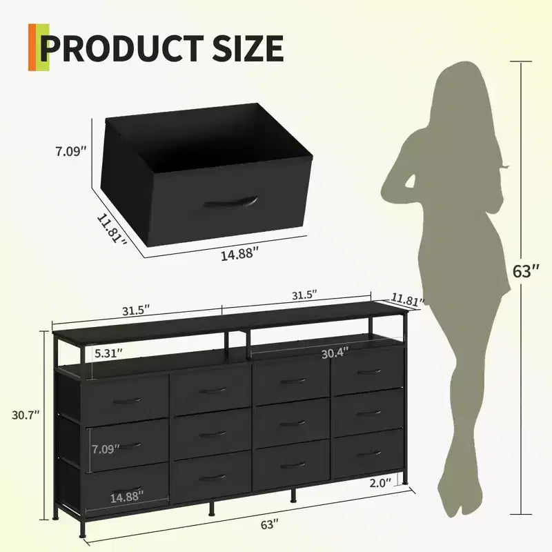 12 Drawers Fabric Dresser 63 Inch Long with Open Shelves TV Stand for Living Room Bedroom Chest of Drawers