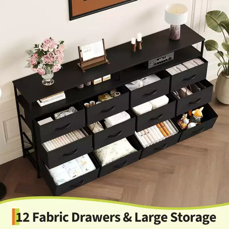 12 Drawers Fabric Dresser 63 Inch Long with Open Shelves TV Stand for Living Room Bedroom Chest of Drawers