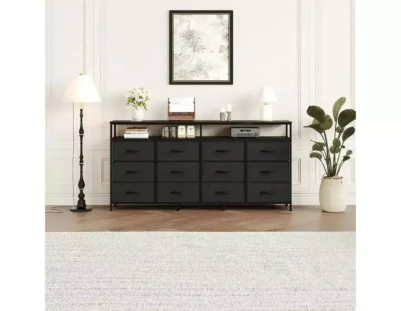 12 Drawers Fabric Dresser 63 Inch Long with Open Shelves TV Stand for Living Room Bedroom Chest of Drawers