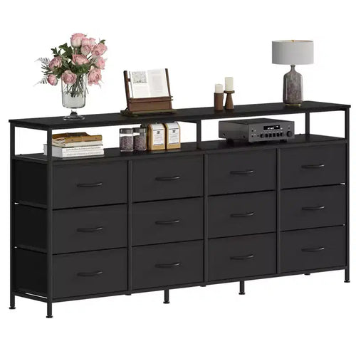 12 Drawers Fabric Dresser 63 Inch Long with Open Shelves TV Stand for Living Room Bedroom Chest of Drawers