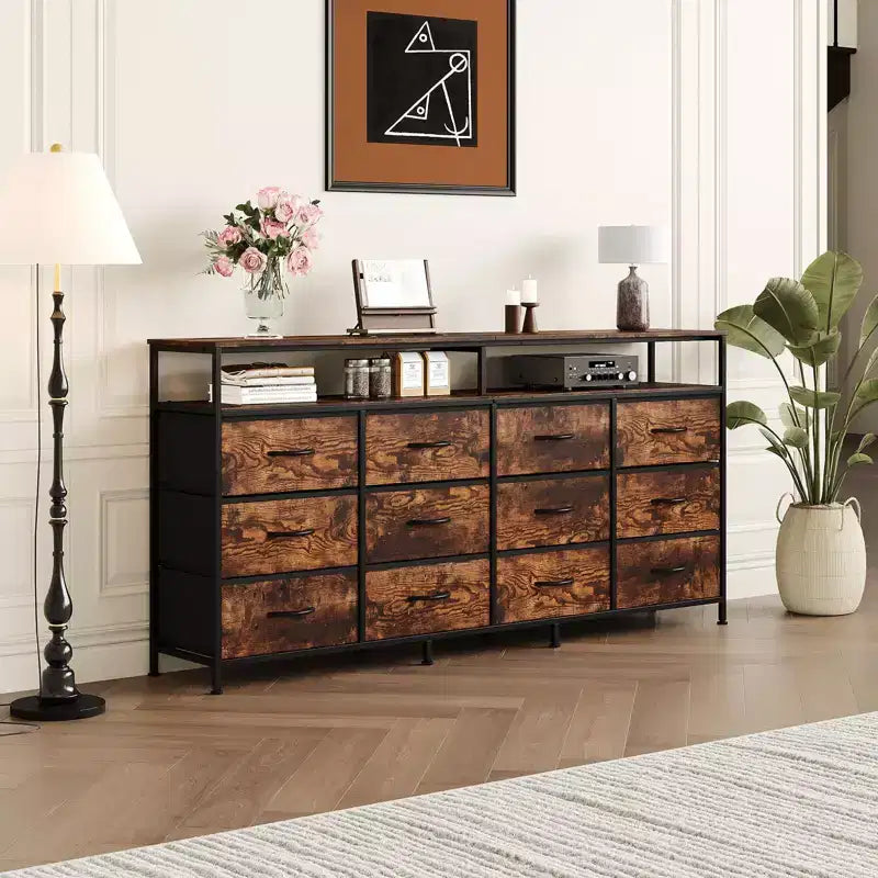12 Drawers Fabric Dresser 63 Inch Long with Open Shelves TV Stand for Living Room Bedroom Chest of Drawers