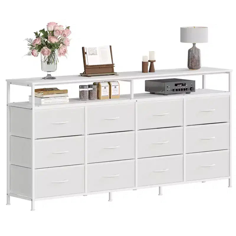 12 Drawers Fabric Dresser 63 Inch Long with Open Shelves TV Stand for Living Room Bedroom Chest of Drawers