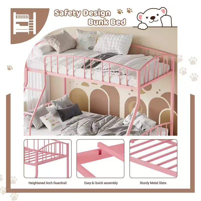 Space-Saving Twin Over Full Bunk Bed Heavy Duty Steel Frame, Arched Guardrail, Ladder, Sturdy Slats Support No Box Spring Needed