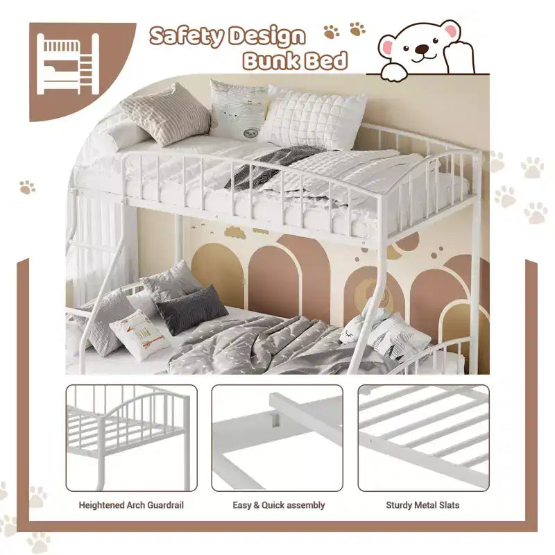 Space-Saving Twin Over Full Bunk Bed Heavy Duty Steel Frame, Arched Guardrail, Ladder, Sturdy Slats Support No Box Spring Needed