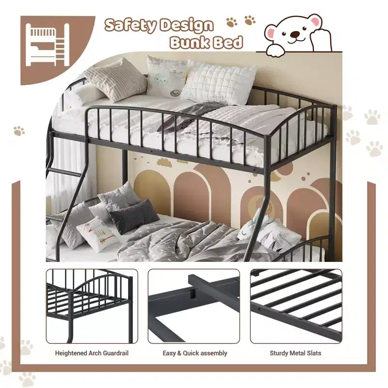 Space-Saving Twin Over Full Bunk Bed Heavy Duty Steel Frame, Arched Guardrail, Ladder, Sturdy Slats Support No Box Spring Needed