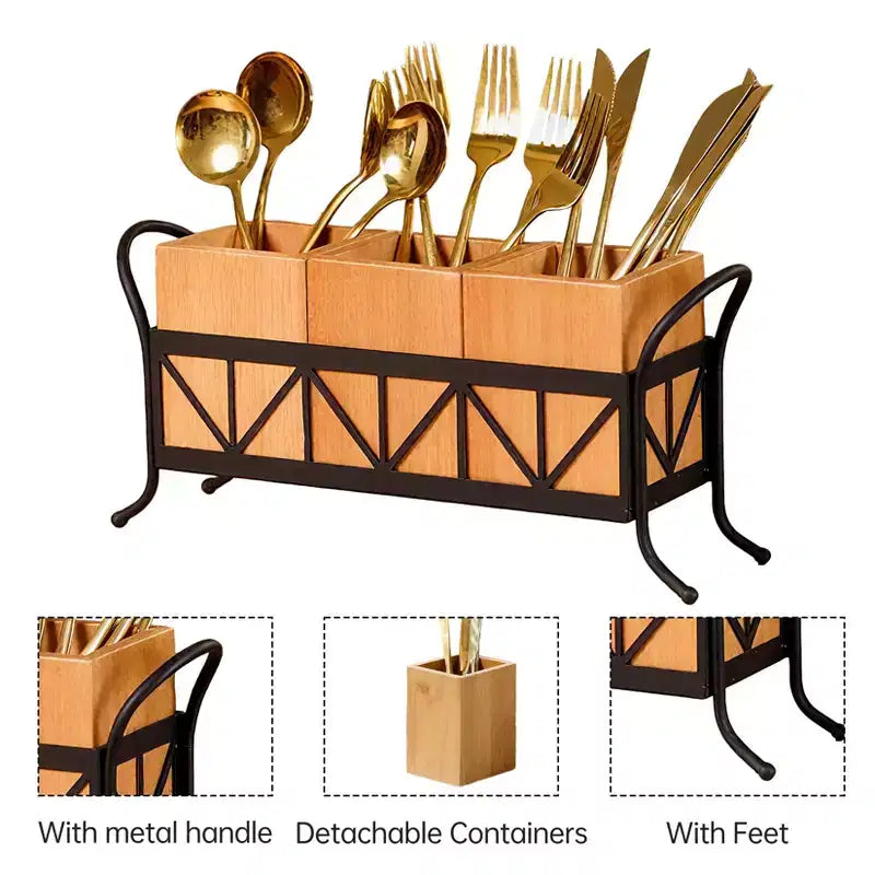 Acacia Wood Utensil Holder, Waterproof Flatware Caddy with 3 Detachable Compartments & Handles, for Party/BBQ