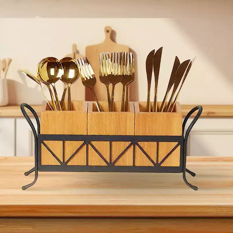 Acacia Wood Utensil Holder, Waterproof Flatware Caddy with 3 Detachable Compartments & Handles, for Party/BBQ