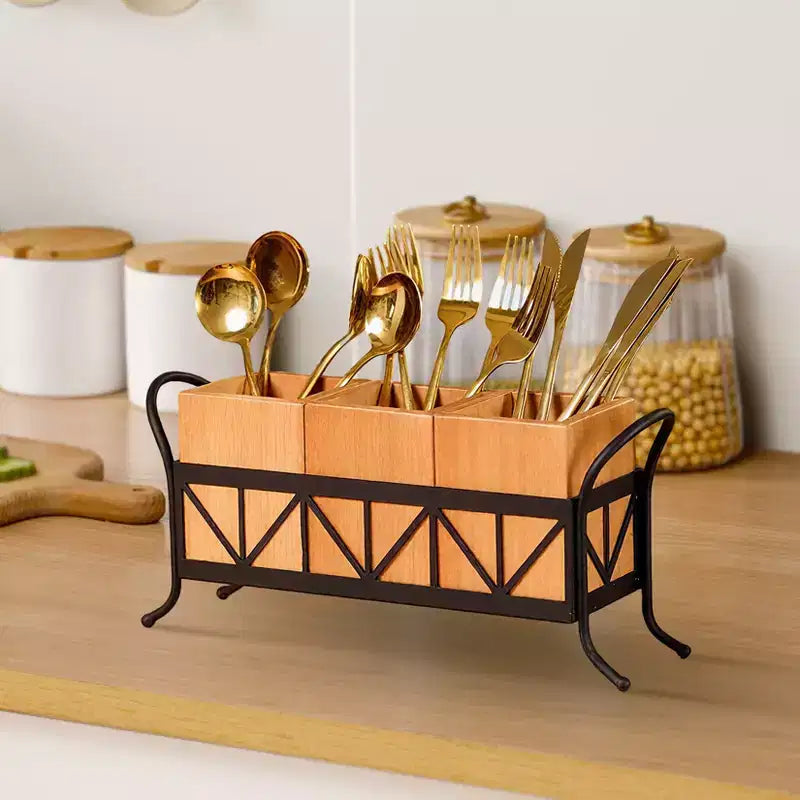 Acacia Wood Utensil Holder, Waterproof Flatware Caddy with 3 Detachable Compartments & Handles, for Party/BBQ