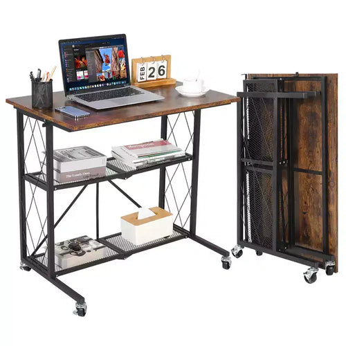 31.5 Foldable Mobile Desk with Wheels, 3-Tier Workstation with Wood Top & Metal Storage Shelf, Freestanding Organizer for Home Office & Living Room