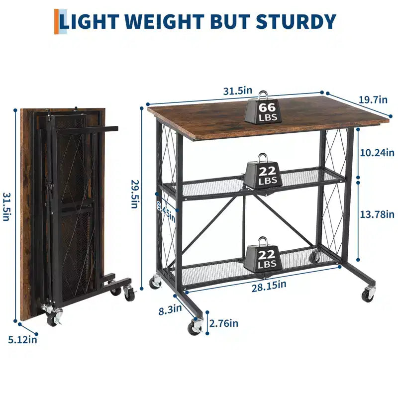 31.5 Foldable Mobile Desk with Wheels, 3-Tier Workstation with Wood Top & Metal Storage Shelf, Freestanding Organizer for Home Office & Living Room