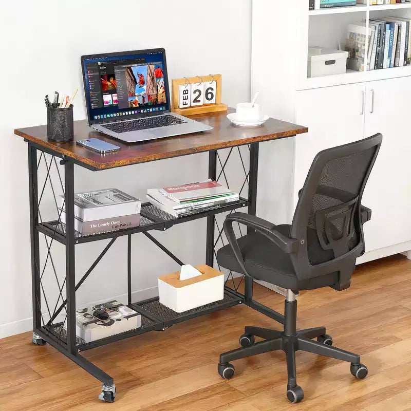 31.5 Foldable Mobile Desk with Wheels, 3-Tier Workstation with Wood Top & Metal Storage Shelf, Freestanding Organizer for Home Office & Living Room