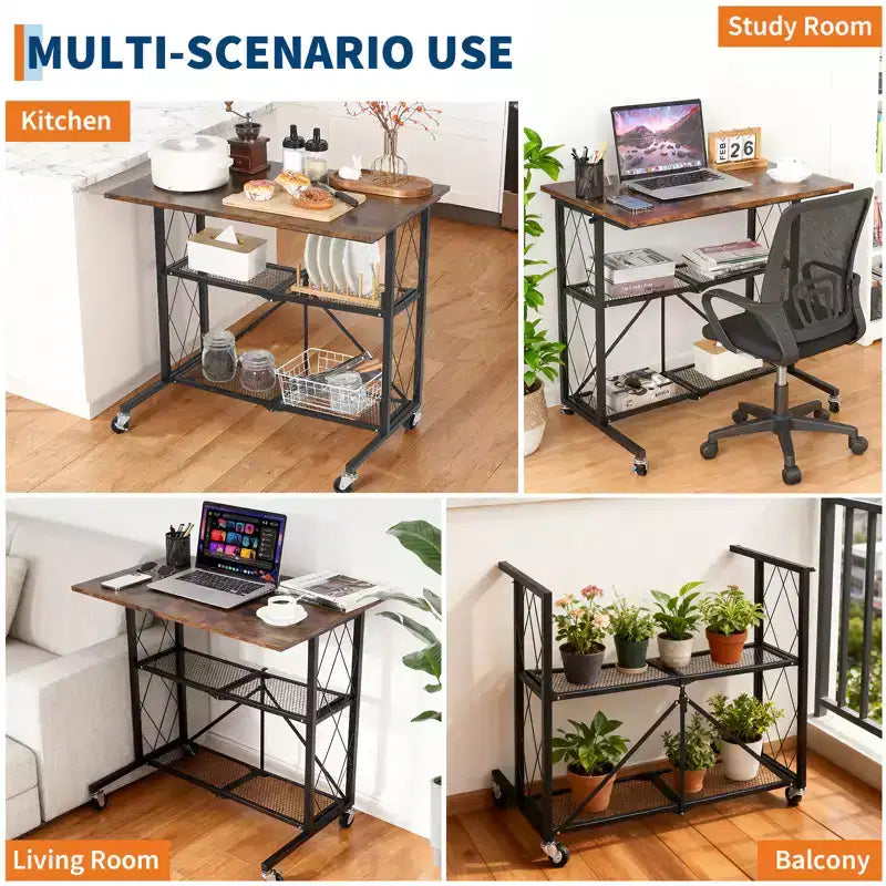 31.5 Foldable Mobile Desk with Wheels, 3-Tier Workstation with Wood Top & Metal Storage Shelf, Freestanding Organizer for Home Office & Living Room